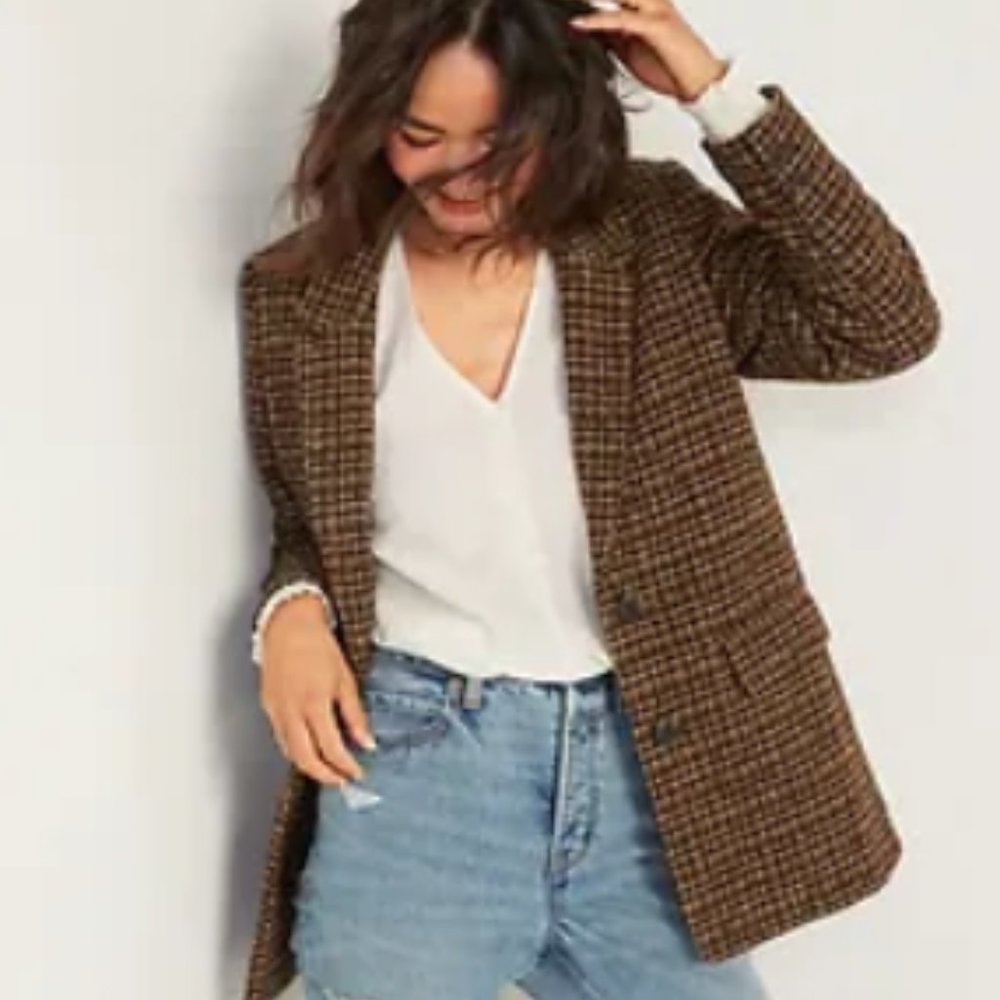 Oversized Plaid Soft-Brushed Tweed Blazer